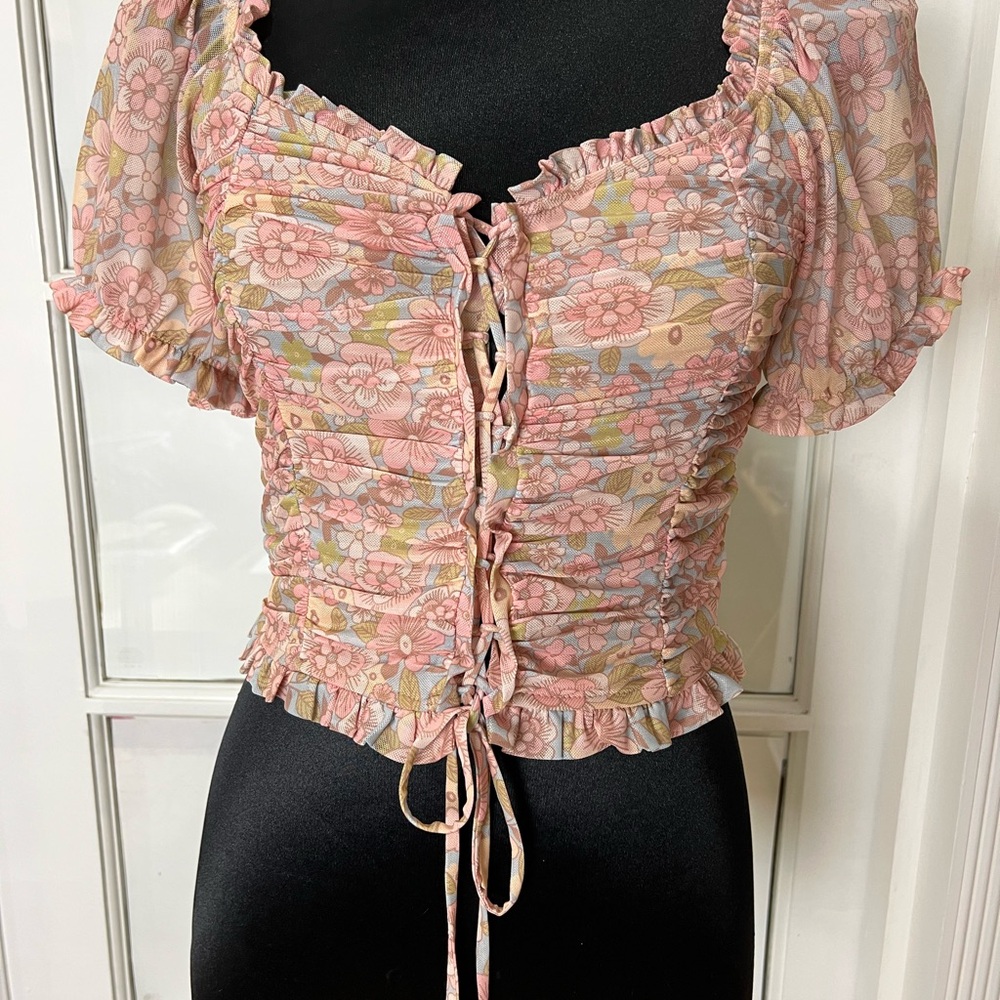 Floral Ruched Tie-Front Peasant Top - Pink